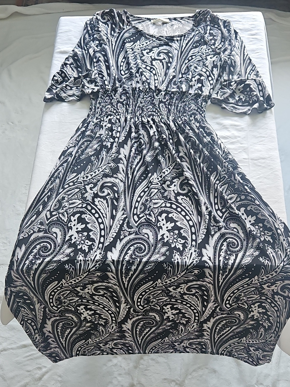 Black and White Paisley Maxi Dress with Smocked Waist